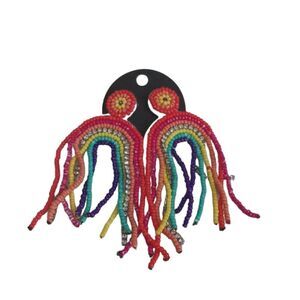 Rainbow Shaped Seed Beads & Rhinestone Strand Colorful Fringe Statement Earrings